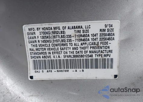 2005 Honda Odyssey Touring from USA, damaged, VIN 5FNRL38865B012348